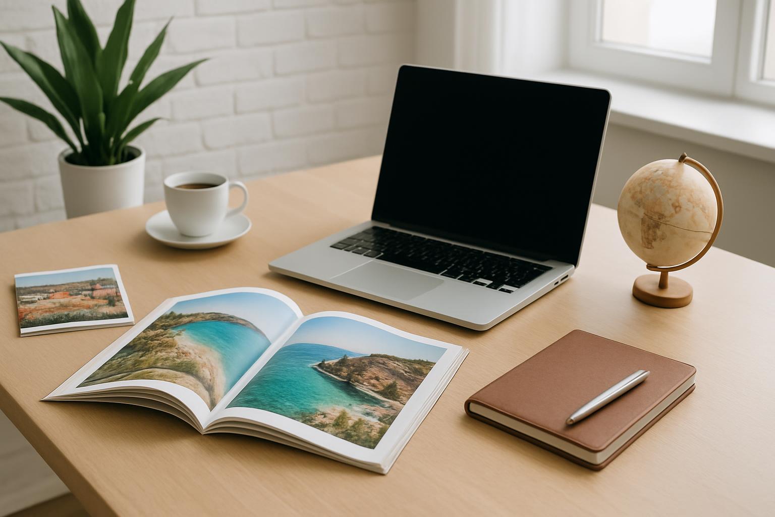 Printed maps, camera, notebook and passport on a wooden table – travel planning in action